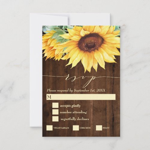 Rustic Wood Sunflower Watercolor Meal Choice RSVP Card