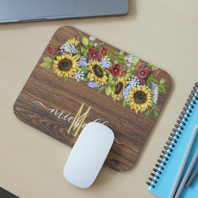 Rustic Wood Sunflower Watercolor Personalized Mouse Pad (Creator Uploaded)