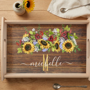 Rustic Wood Sunflower Watercolor Personalized Serving Tray