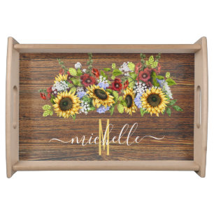 Rustic Wood Sunflower Watercolor Personalized Serving Tray