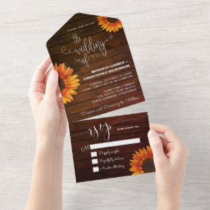 Rustic Wood Sunflower Wedding All In One Invitation