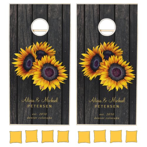 Rustic wood sunflower wedding family name cornhole set