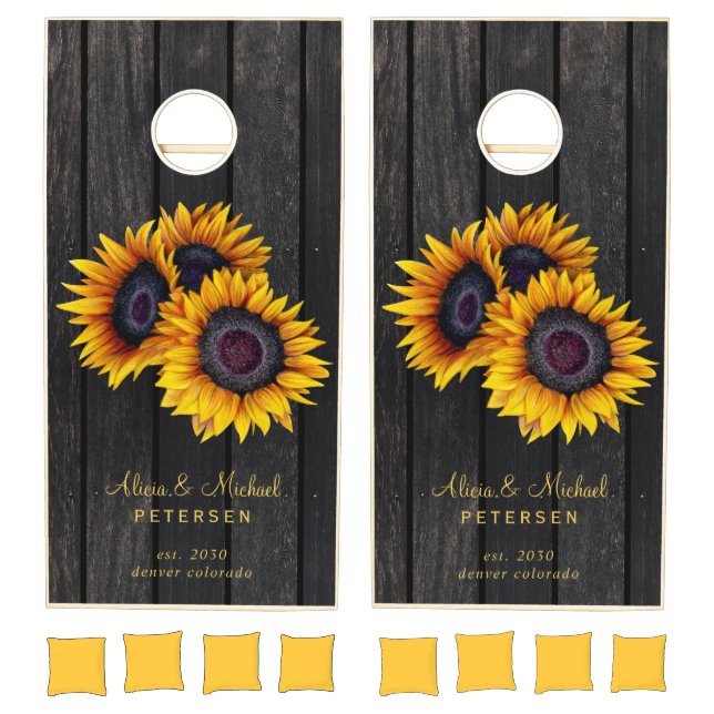 Rustic wood sunflower wedding family name cornhole set (Set)