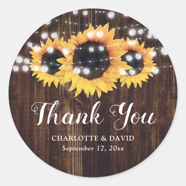 Rustic Wood Sunflower Wedding Favor Classic Round Sticker (Front)