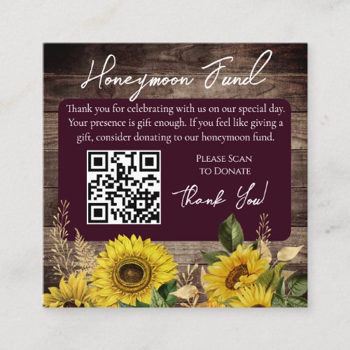 Rustic Wood Sunflower Wedding Honeymoon Square Business Card