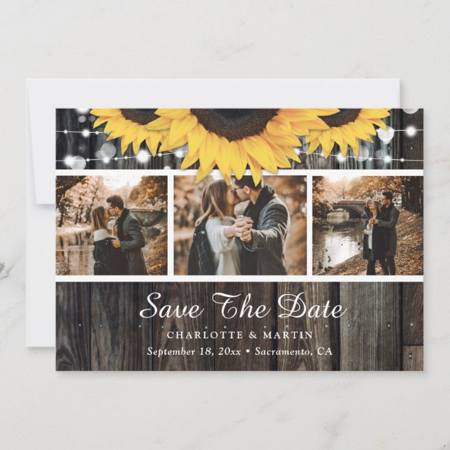 Rustic Wood Sunflower Wedding Photo Save The Date (Front)