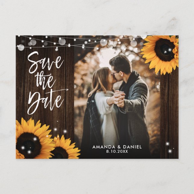 Rustic Wood Sunflower Wedding Photo Save The Date Announcement Postcard (Front)