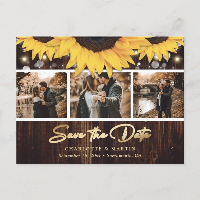 Rustic Wood Sunflower Wedding Photo Save The Date Announcement Postcard (Front)