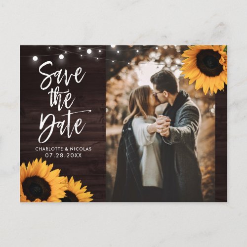 Rustic Wood Sunflower Wedding Photo Save The Date Postcard