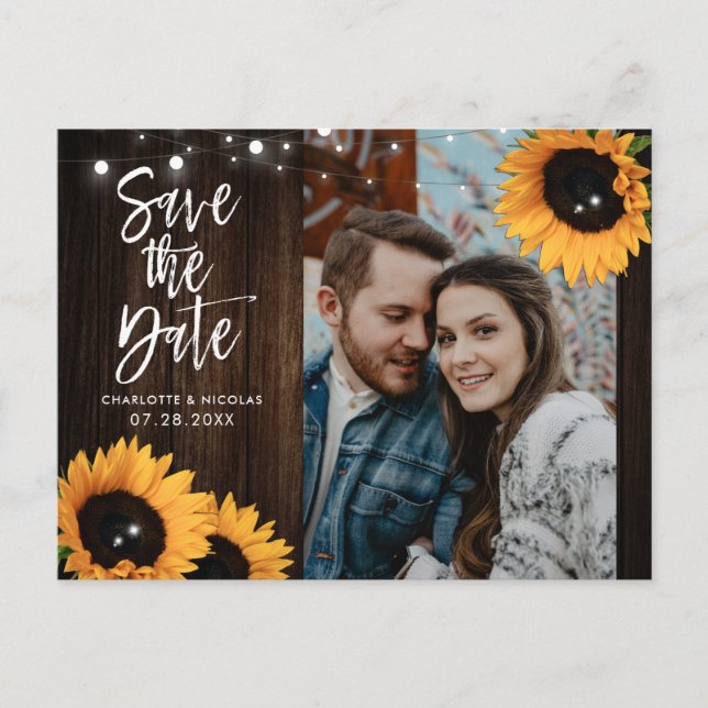 Rustic Wood Sunflower Wedding Save The Date Photo Postcard (Front)