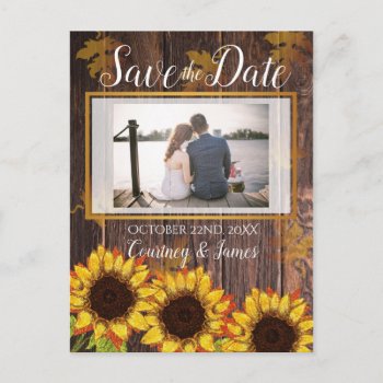 Rustic Wood & Sunflower | Wedding Save The Date Postcard by chandraws at Zazzle