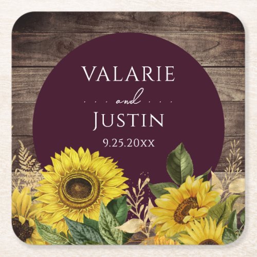 Rustic Wood Sunflower Wedding  Square Paper Coaster