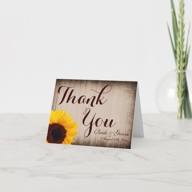 Rustic Wood Sunflower Wedding Thank You Cards (Front)