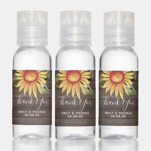 Rustic Wood Sunflower Wedding Thank You Hand Sanitizer