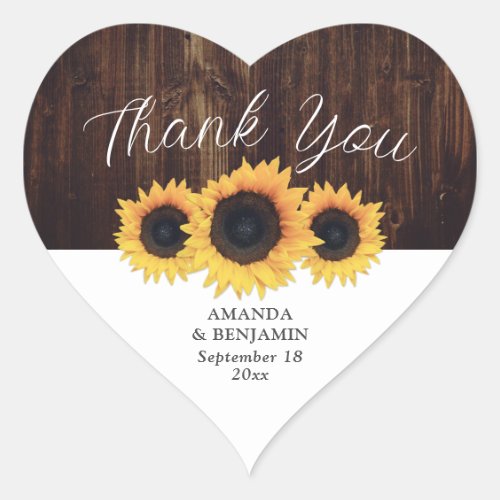 Rustic Wood Sunflower Wedding Thank You Heart Sticker