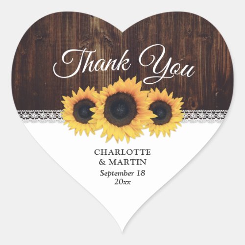 Rustic Wood Sunflower Wedding Thank You Heart Sticker