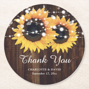 Rustic Wood Sunflower Wedding Thank You Round Paper Coaster