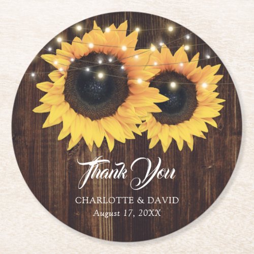 Rustic Wood Sunflower Wedding Thank You Round Paper Coaster