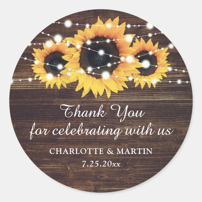 Rustic Wood Sunflower Wedding Thank You Stickers (Front)