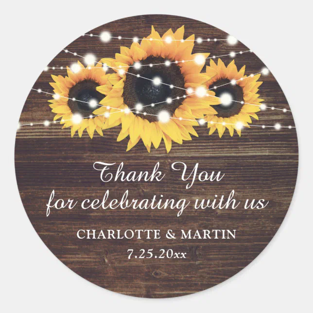 Rustic Wood Sunflower Wedding Thank You Stickers | Zazzle