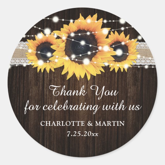 Rustic Wood Sunflower Wedding Thank You Stickers (Front)