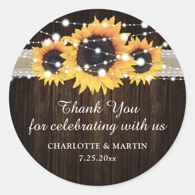 Rustic Wood Sunflower Wedding Thank You Stickers | Zazzle