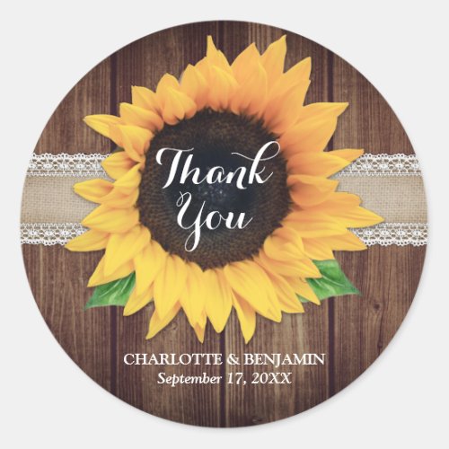 Rustic Wood Sunflower Wedding Thank You Stickers