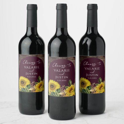 Rustic Wood Sunflower Wedding  Wine Label