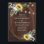 rustic wood Sunflower white peony wedding Invitation<br><div class="desc">A Sunflower Floral design with a geometric frame and a rustic wood background.
The sunflowers,  white peony,  blue flowers and green eucalyptus are perfect for your rustic,  country summer and fall wedding themes.
You can change the wording,  text size,  color and font on this template.</div>