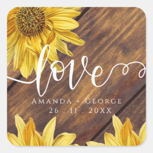 Rustic Wood Sunflower Yellow Love Fall Wedding Square Sticker