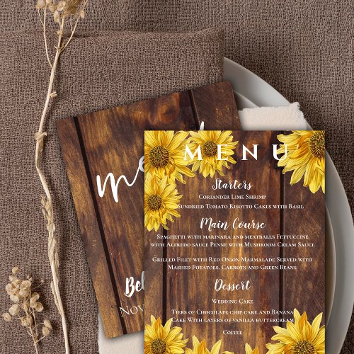 Rustic Wood Sunflower Yellow Wedding Party Menu