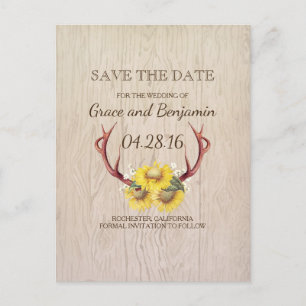 Rustic Wood Sunflowers and Antlers Save the Date Announcement Postcard