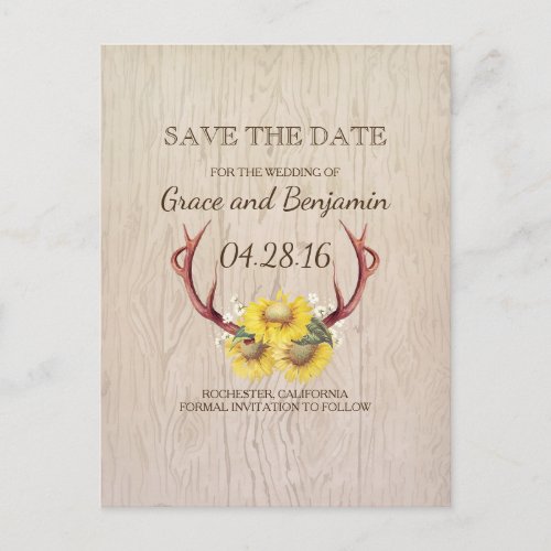 Rustic Wood Sunflowers and Antlers Save the Date Announcement Postcard - Rustic country save the date postcards with deer antlers and sunflowers - floral bouquet