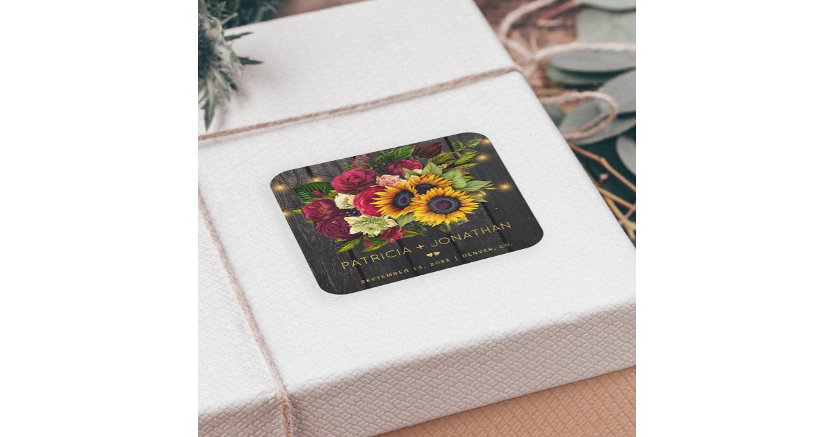 Rustic wood sunflowers and burgundy roses wedding square sticker | Zazzle