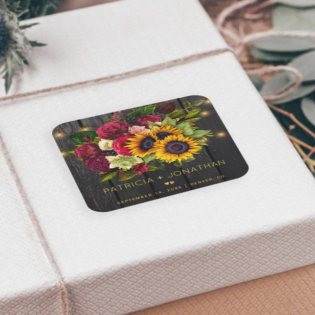 Rustic wood sunflowers and burgundy roses wedding square sticker | Zazzle