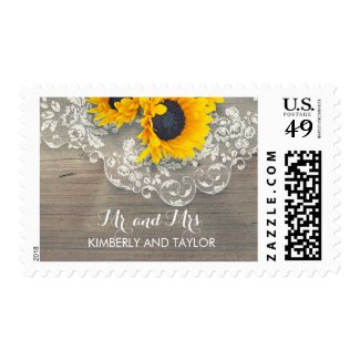 Rustic Wood Sunflowers and Lace Wedding Postage Stamps at UniqueRusticWeddingInvitations.com