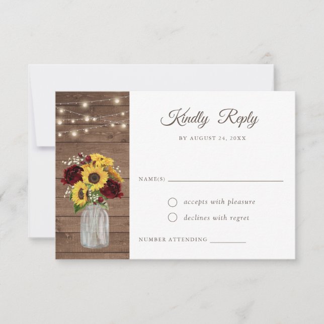 Rustic Wood Sunflowers Burgundy Mason Jar RSVP Invitation (Front)