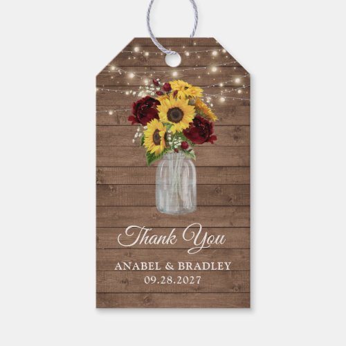 Rustic Wood Sunflowers Burgundy Mason Jar Wedding Gift Tags