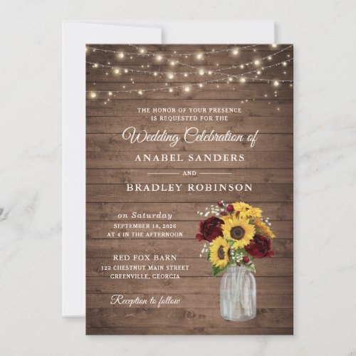 Rustic Wood Sunflowers Burgundy Mason Jar Wedding Invitation
