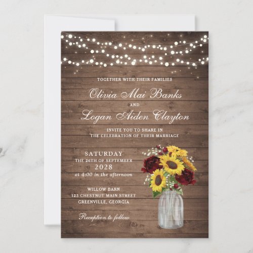 Rustic Wood Sunflowers Burgundy Mason Jar Wedding Invitation