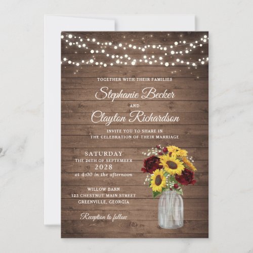 Rustic Wood Sunflowers Burgundy Mason Jar Wedding Invitation