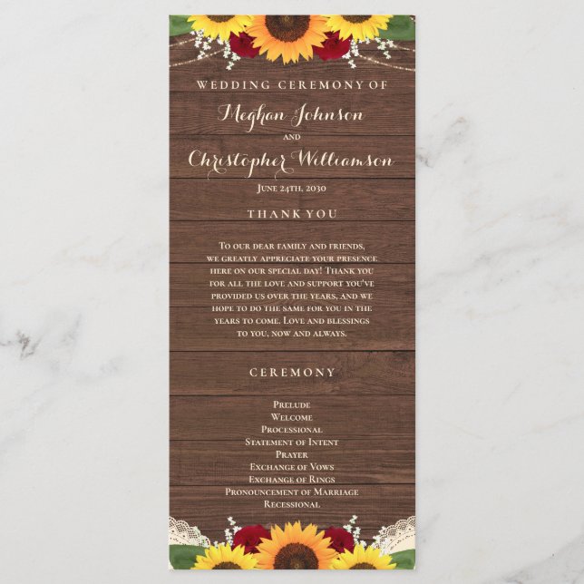 Rustic Wood Sunflowers Burgundy Red Roses Wedding Program (Front)