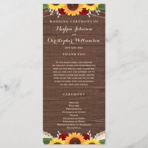 Rustic Wood Sunflowers Burgundy Red Roses Wedding Program