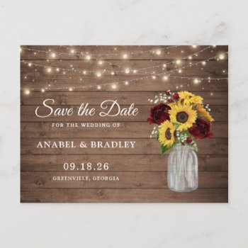 Rustic Wood Sunflowers Burgundy Save The Date Announcement Postcard by CheriDesigns at Zazzle