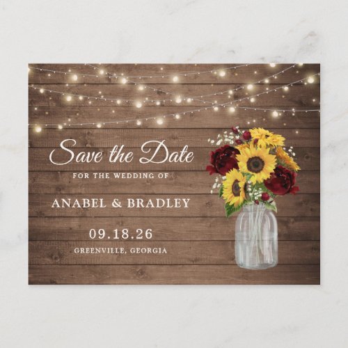 Rustic Wood Sunflowers Burgundy Save the Date Announcement Postcard