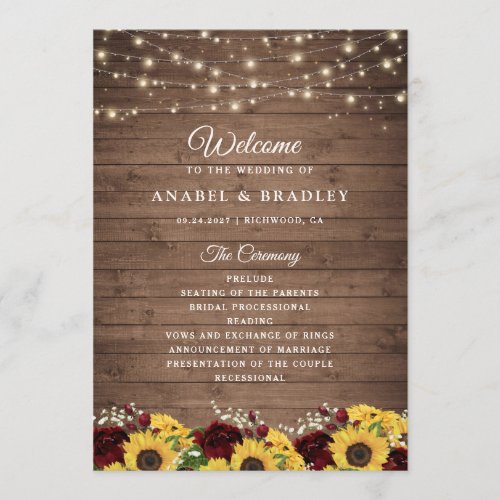 Rustic Wood Sunflowers Burgundy Wedding Program