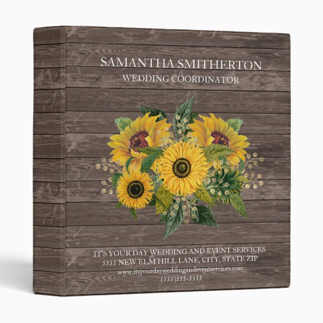 Rustic Wood Sunflowers Country Wedding Coordinator 3 Ring Binder (Front/Spine)