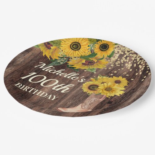 Rustic Wood Sunflowers Cowboy Boots 100th Birthday Paper Plates