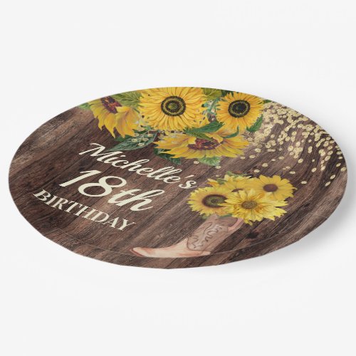 Rustic Wood Sunflowers Cowboy Boots 18th Birthday Paper Plates