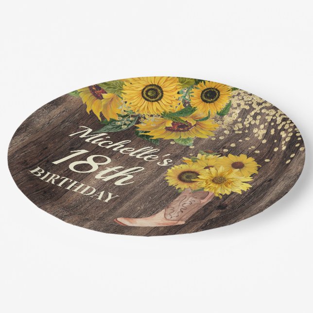 Rustic Wood Sunflowers Cowboy Boots 18th Birthday Paper Plates (Angled)